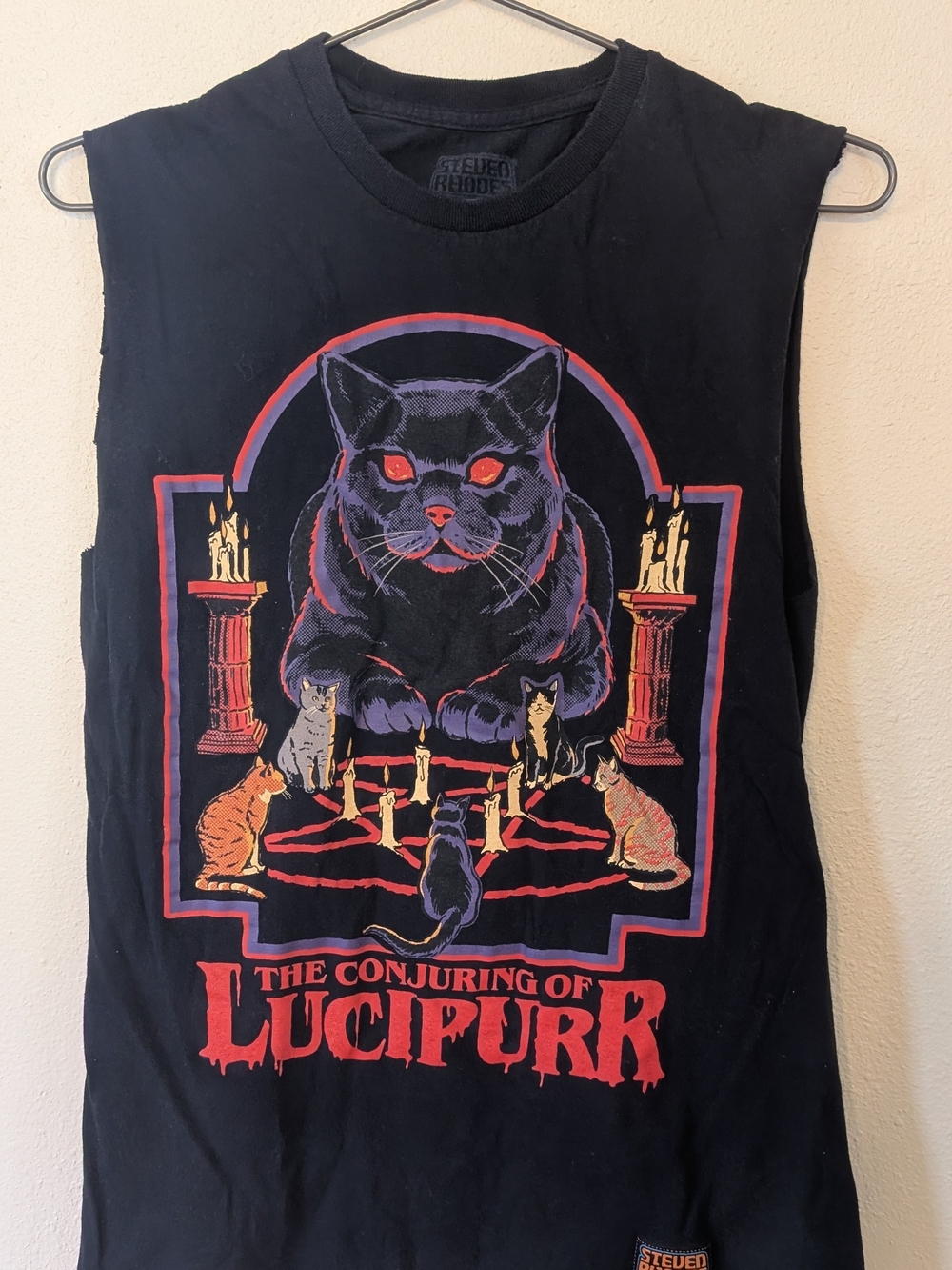 Black Graphic Cat Ritual Tank Top with Red & Purple Accents